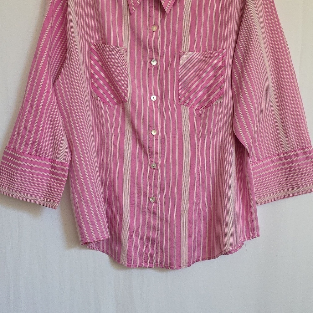 Chico's Pink & White Stripe Silk Blouse.  Size 12 - Picture 3 of 9